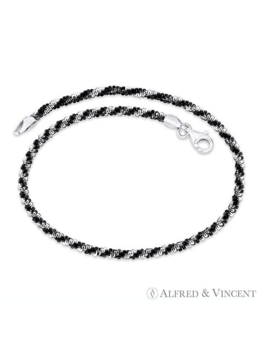 Roc Link 2-Tone Spiral .925 Sterling Black & Silver Italian Chain Anklet - 9"